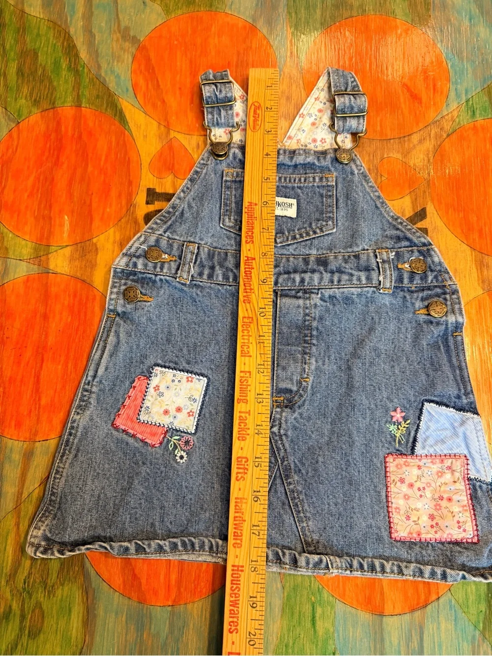 Oshkosh B'Gosh Girl's Denim Overall Dress 2T Patchwork Multicolored Adjustable S